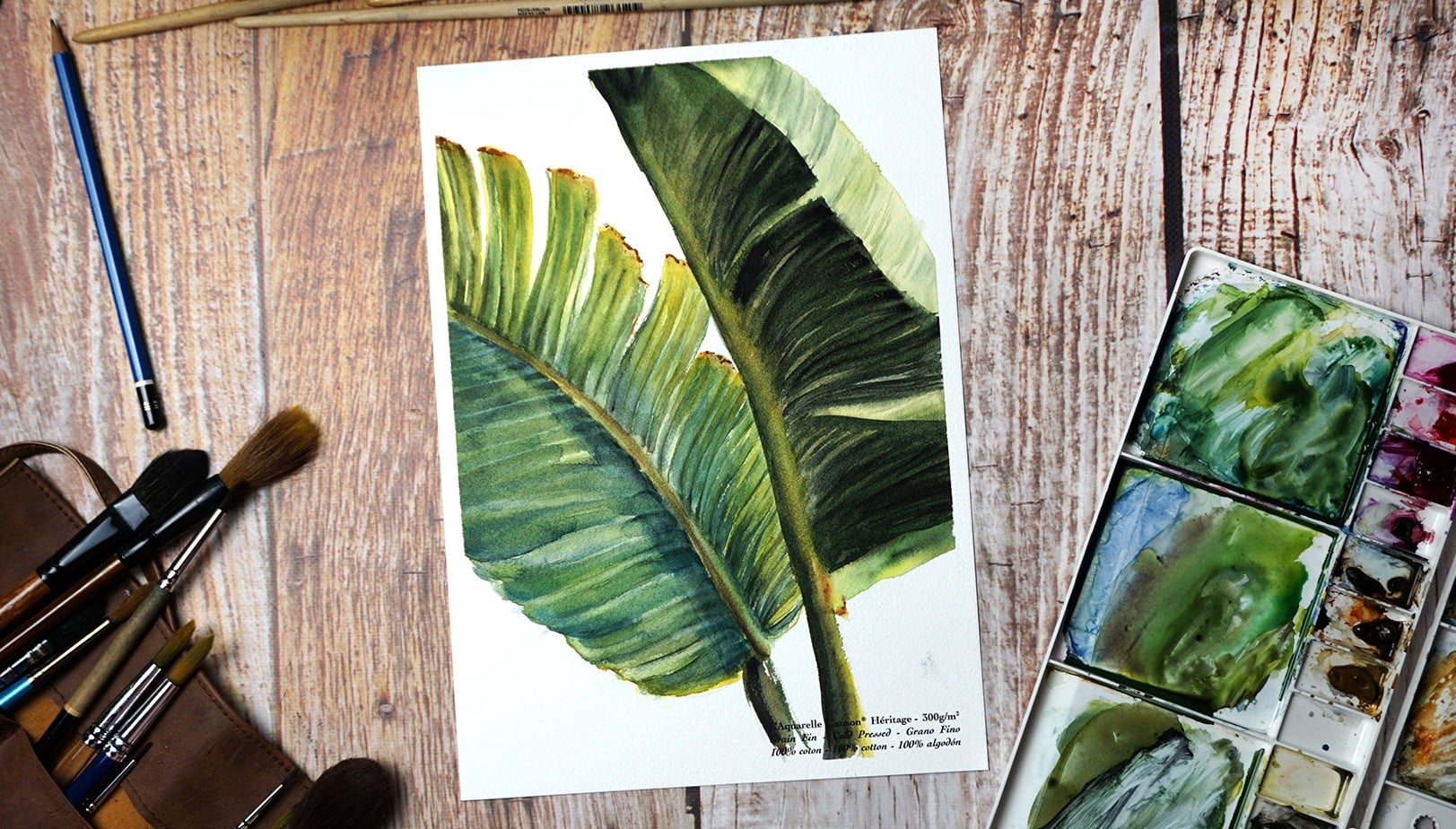 Paint palm leaves in watercolor step by step