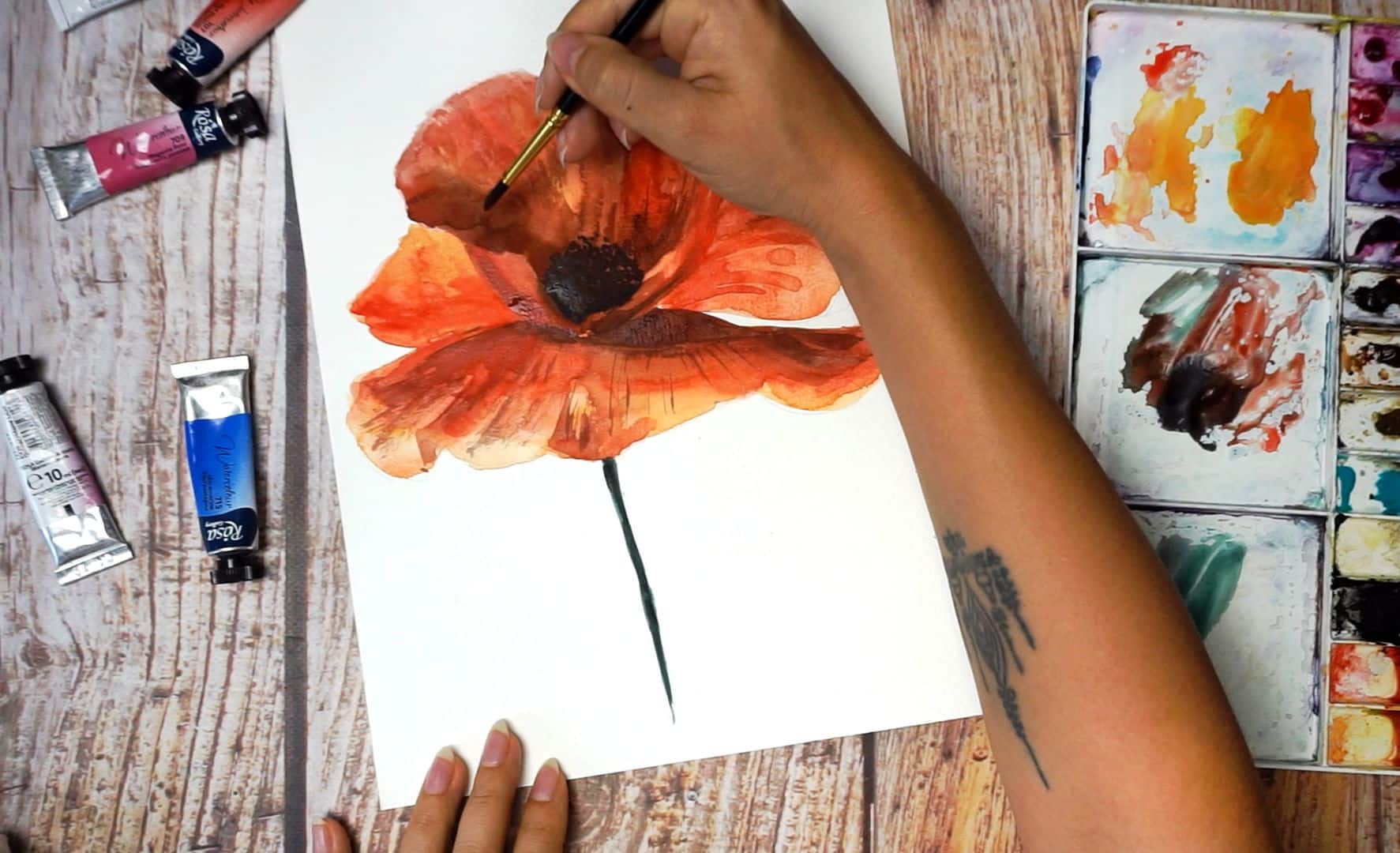 Paint a poppy flower with watercolor step by step 16